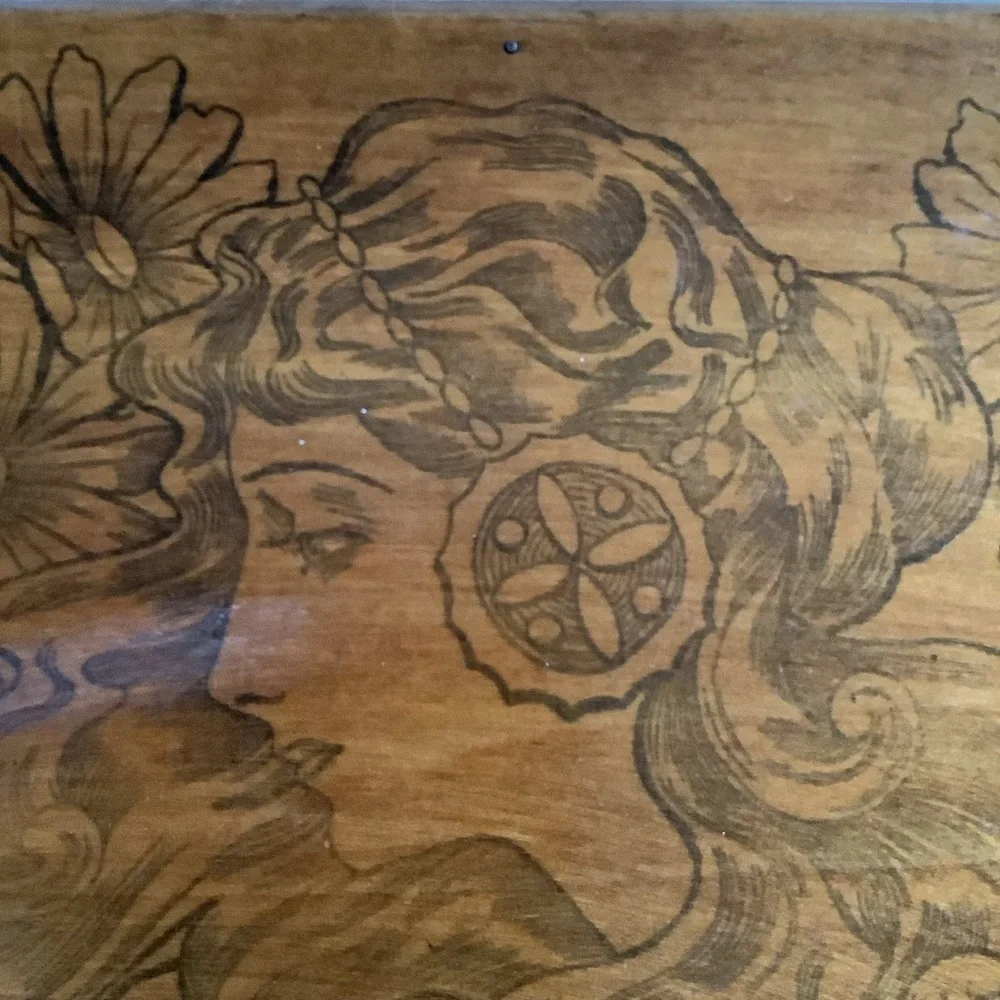 Antique Victorian Decorated Wood Ladies Glove Box Pyrography